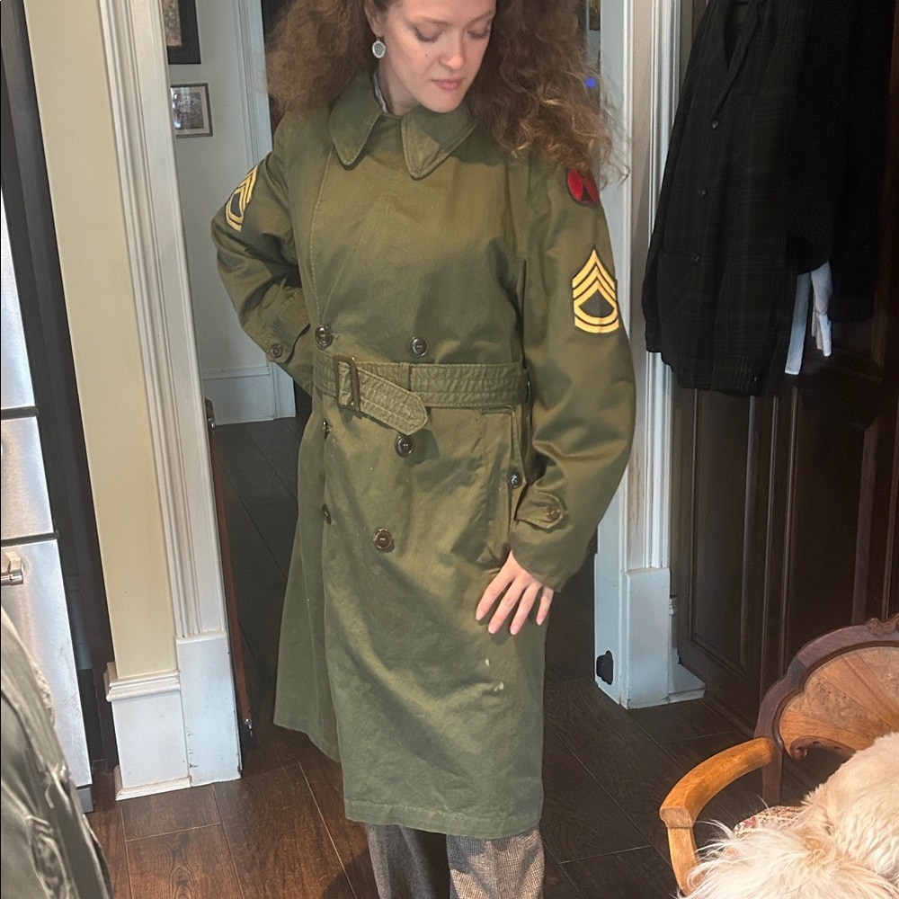 Vintage Sz S DOD Green Military Trench Coat w Patches GVC